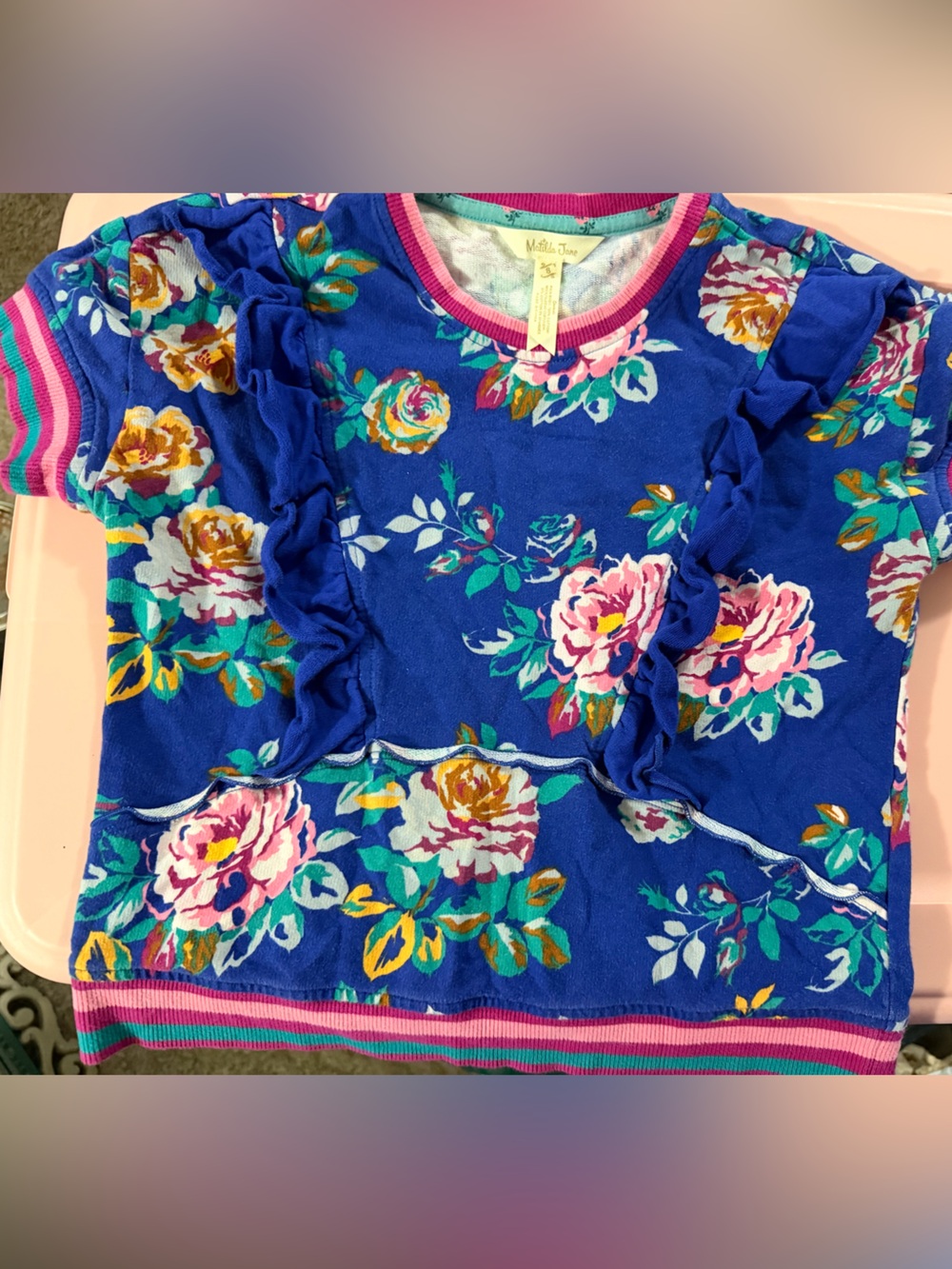 Matilda Jane Blue Floral Ruffle Short Sleeve Tee with Pink Trim